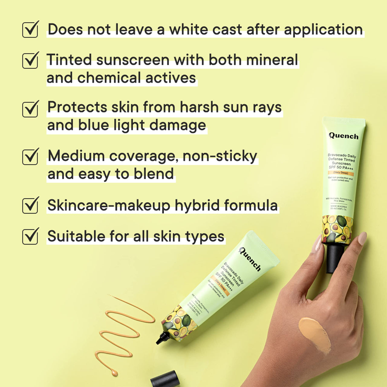 Quench Daily Defense Tinted Sunscreen SPF 50 PA+++ For Glowing Skin With Avocado & 2% Niacinamide | Blue Light Protection | Satin-Matte Finish | Made In Korea, Normal Skin (Deep, 15Ml)