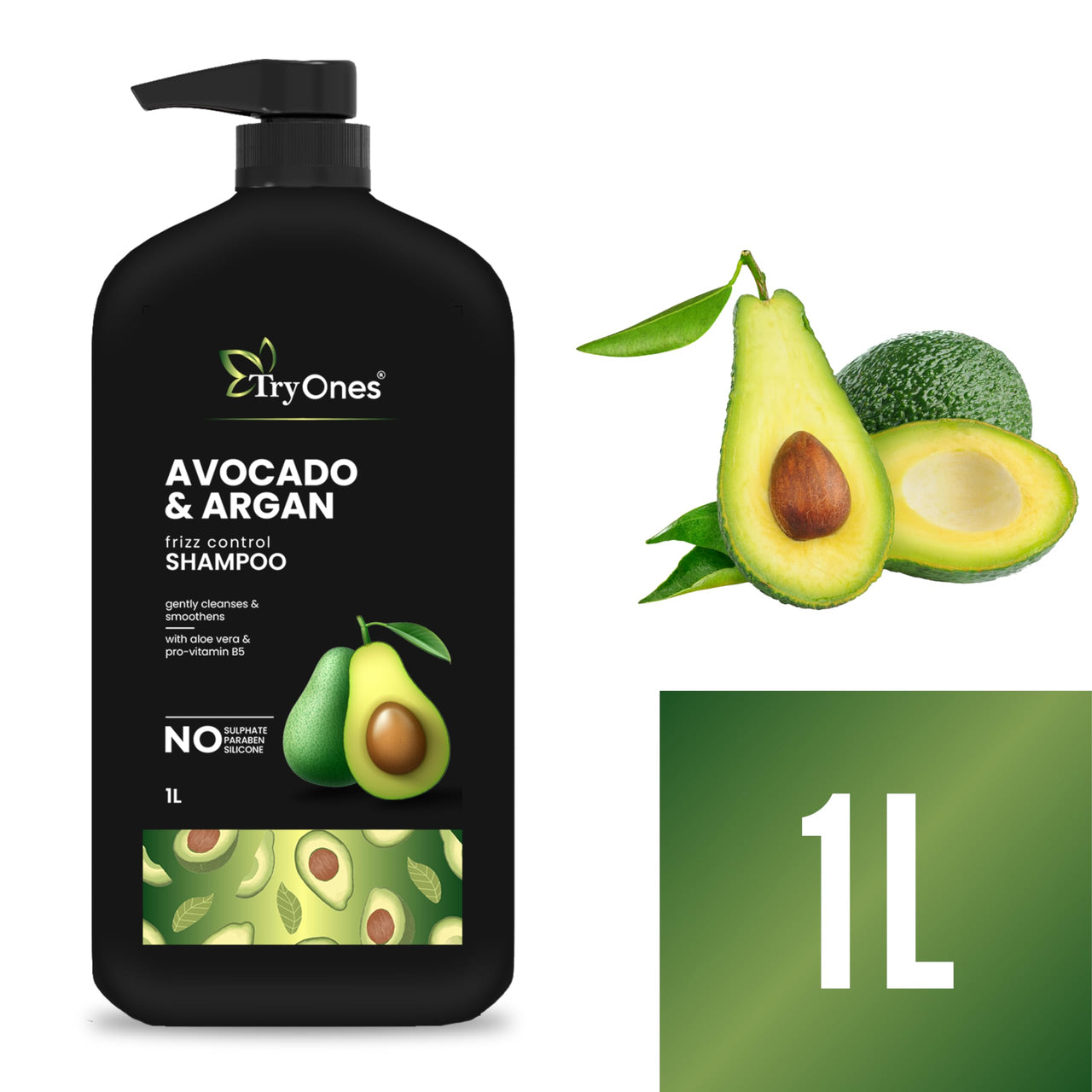 TryOnes Avocado Frizz Control Shampoo | For Curly, Wavy, Frizzy Hair | Reduces Frizz, Retains Moisture, Conditions Strands | 1000 ml