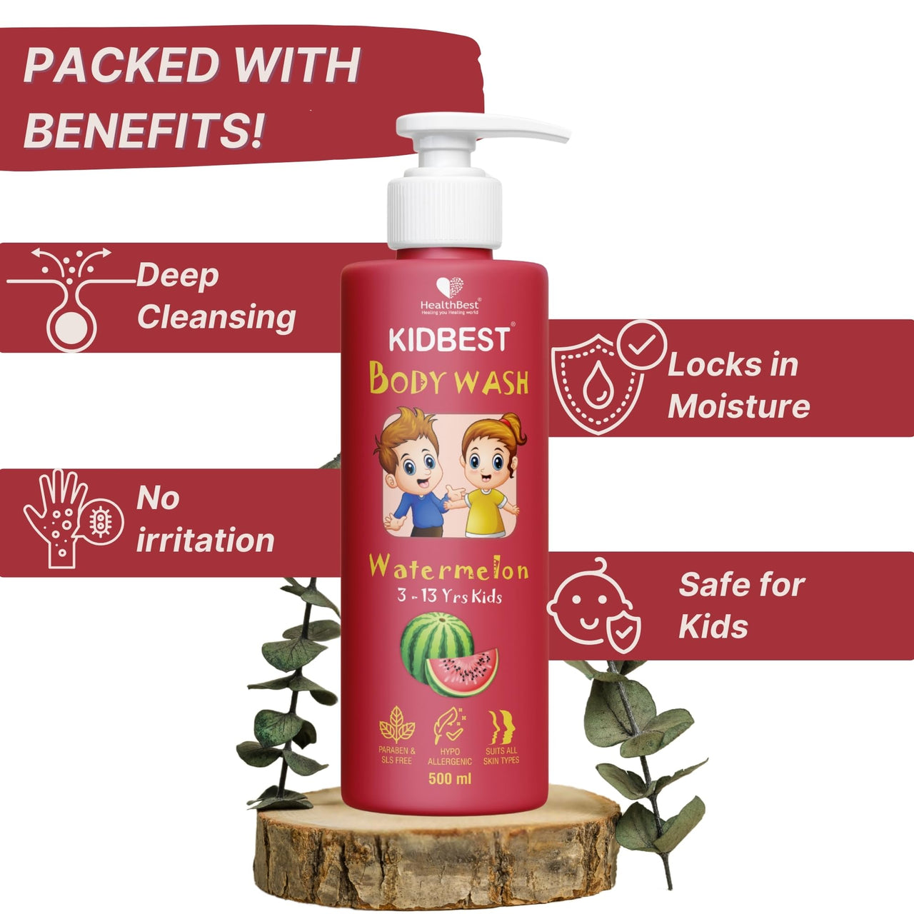 HealthBest Kidbest Bodywash for 3-13 Years Kids | Anti-Bacterial | Normal Skin, Sensitive Skin & Dry Skin | Tear, Paraben, SLS free | Watermelon Flavor | 500ml (Pack of 2)