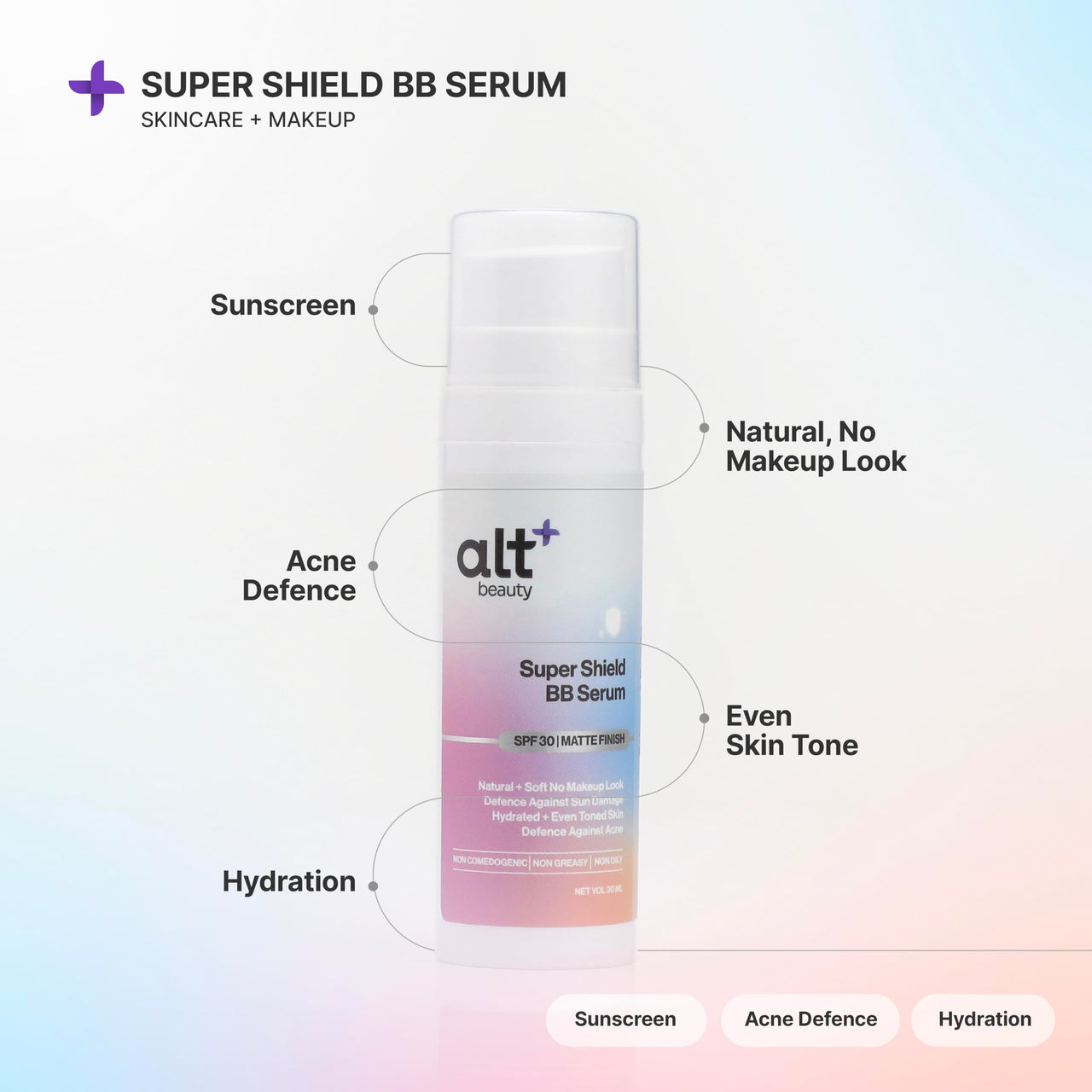 altBeauty Super Shield BB Serum for Natural, No Make up Look | Sun Protection, Defense Against Acne and Acnescars | Deep Hydration & Even Tone Skin | Designed by Dermatologist - 30ml