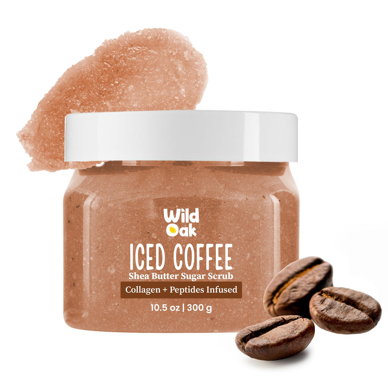 WildOak Iced Coffee Sugar Body Scrub | 300g | Kojic Acid, Hyaluronic Acid, Ceramides, Collagen & Peptides | De-Tan & Brightens Dark Areas | Smooths Strawberry Legs & Arms | Hydrates & Exfoliates