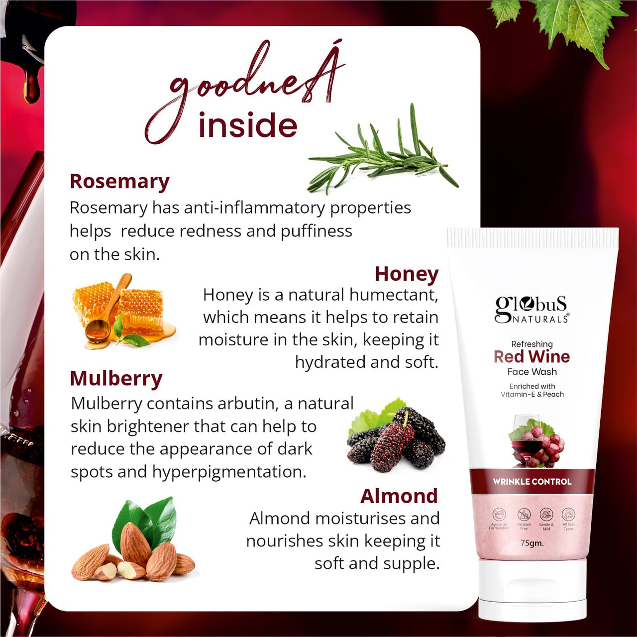 Globus Naturals Red Wine Hydrating Face Wash, Enriched With Rosemary & Honey, Wrinkle Control Formula, Natural, Gentle & Mild, Suitable For All Skin Types, 75 gm
