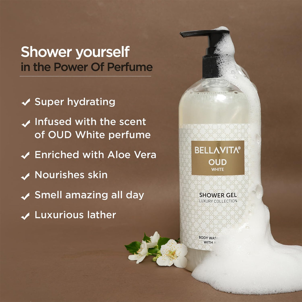 Bella Vita Luxury OUD WHITE Unisex Body Wash Refreshing Shower Gel for Deep Cleansing, Hydrating, Moisturising, Softer & Smoother Skin with Aloe Vera 500 ml