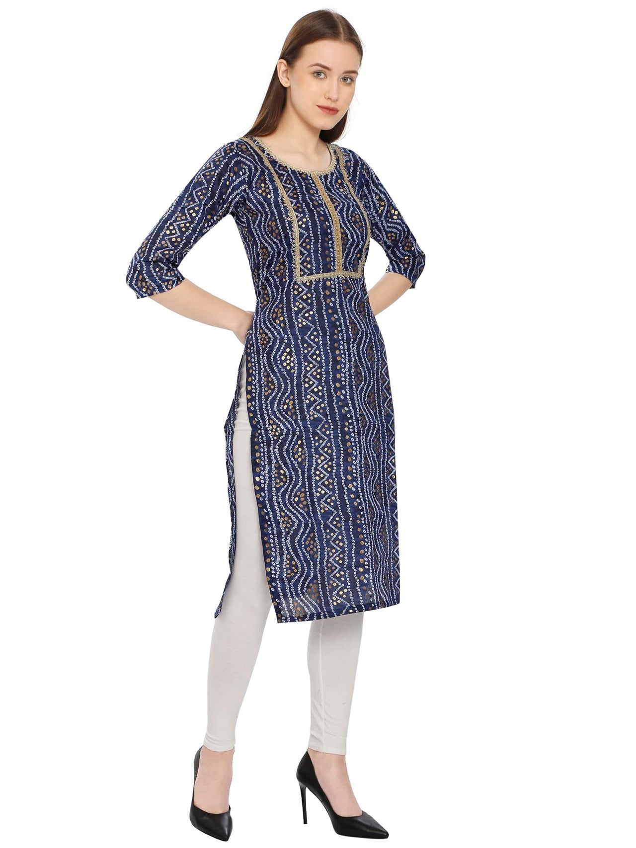 InTrend Forever Bandhani Foil Print Designer || Cotton Kurta for Ladies || Straight Fit || Zari & Sequins lace || Kurtis for Women
