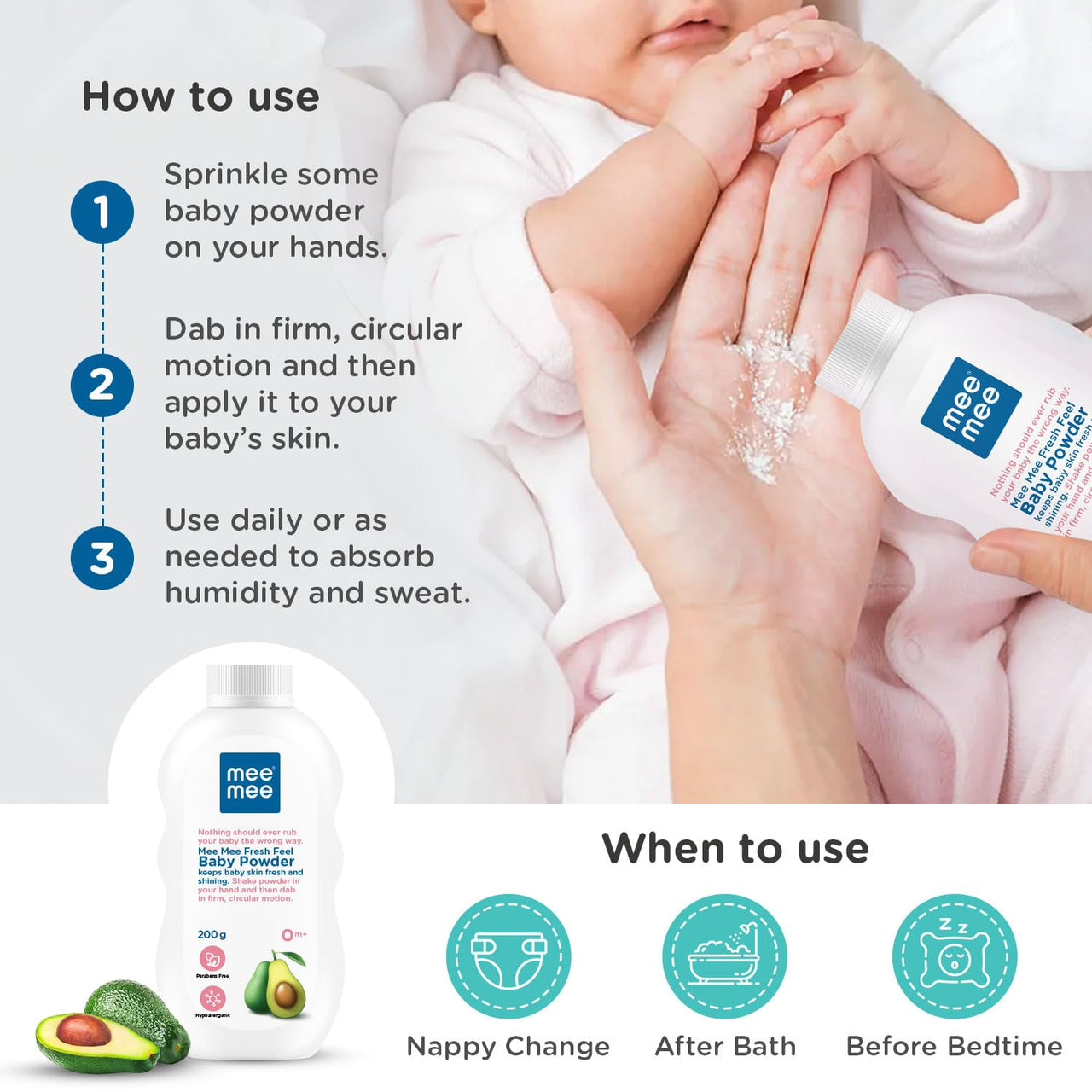 Mee Mee Infant Talcum Powder | Enriched with Avocado Oil | Dermatologist Approved | Rash-Resistant | Paraben-Free, 0m+ | (Fresh Sensation - 200g Single Pack