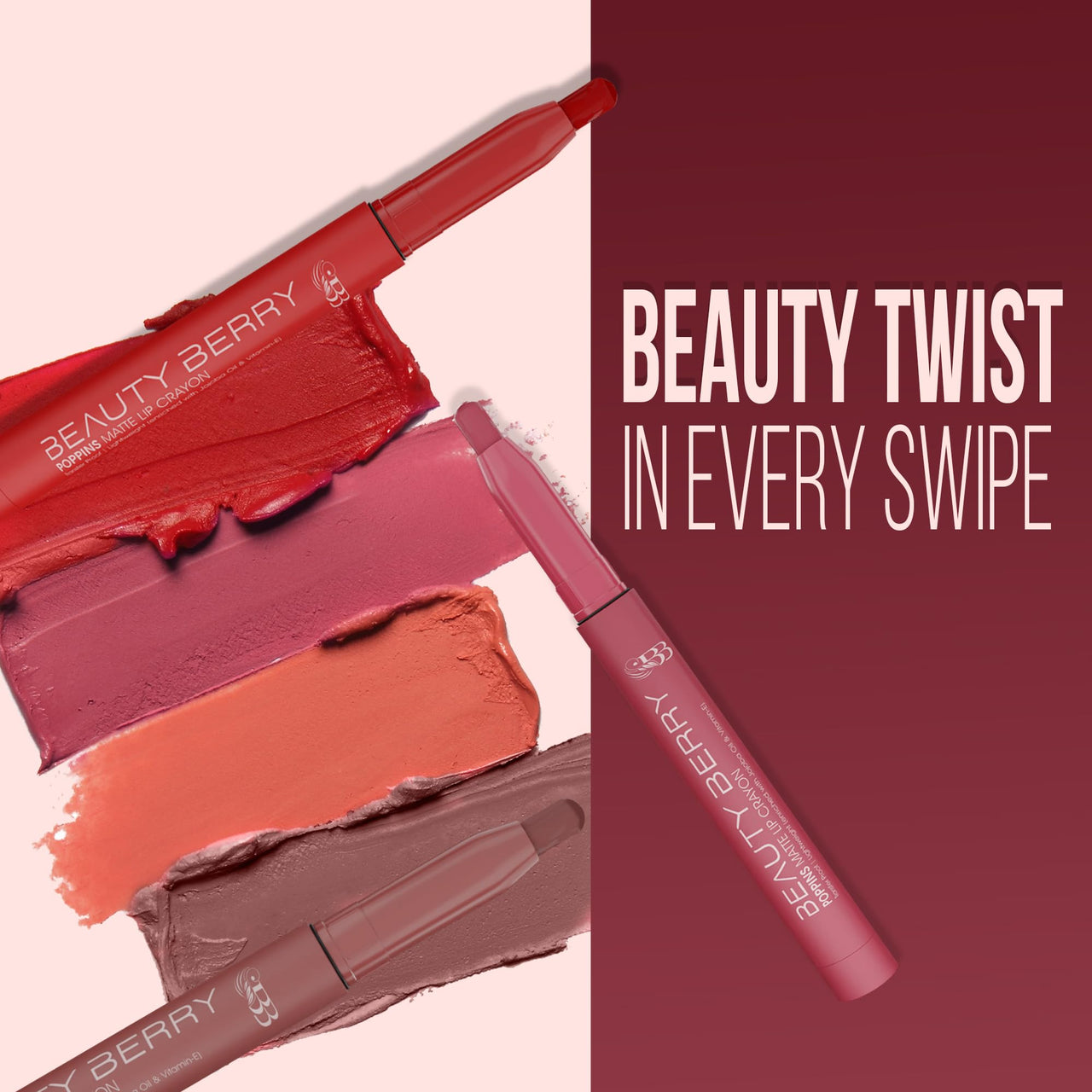 Beauty Berry Poppins Matte Lip Crayon Lipstick for Women | Long Lasting Non Transfer Retractable Lip Crayon | Smudge Proof & Waterproof Lipstick Enriched with Jojoba Oil & Vitamin E (06 - Snap Shot, 3g)
