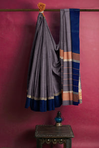 SENSAN Women’s Handloom Kanchi Cotton Saree with Blouse Piece [SKU:430] Light Beige×Navy Blue