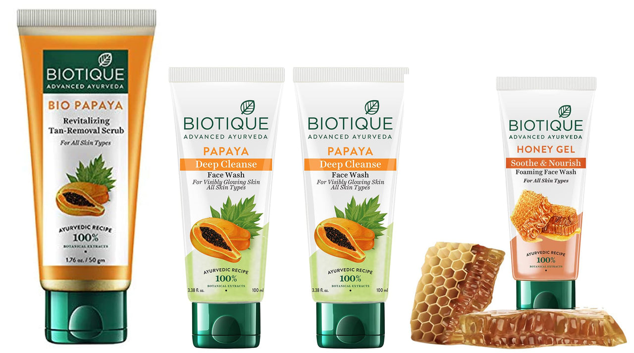 Biotique Bio Papaya Visibly Ageless Face Wash, Pack of 2, 200 ml (2 x 100 ml) and Bio Papaya Revitalizing Tan Removal Scrub, 50 g and Bio Honey Gel Face Wash 100ml