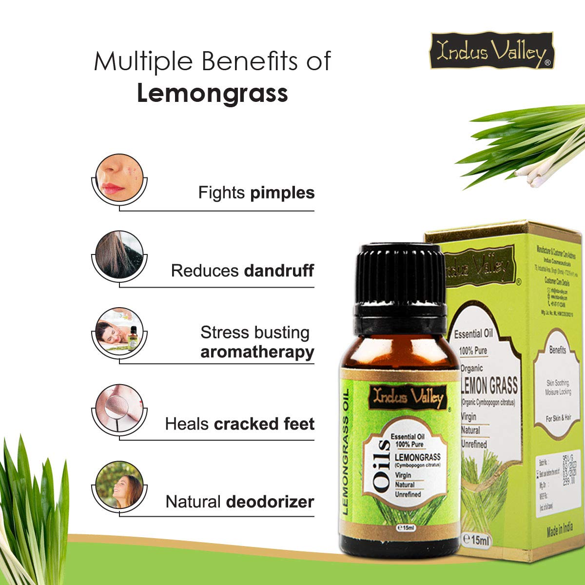 Indus Valley 100% Pure Natural & Organic, Undiluted lemongrass Essential Oil with Glass Dropper for Skin, Hair Care -15ml