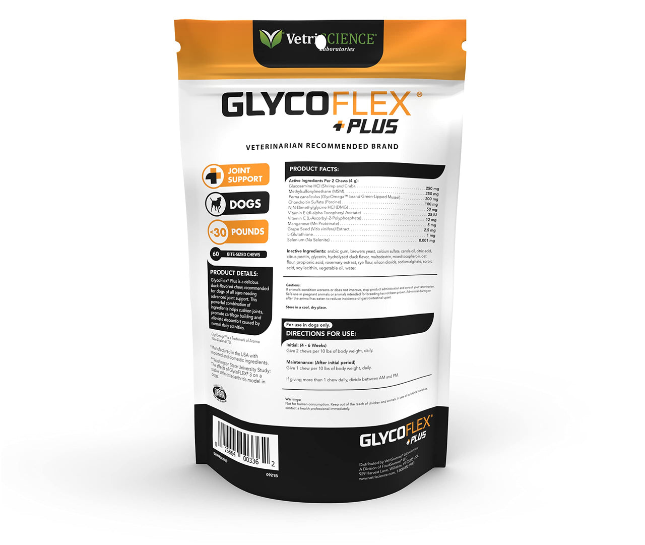 VetriScience GlycoFlex Plus Joint Support Dog Supplements - 60 Chews - Extra Strength Hip and Joint Health Supplement with Glucosamine, Chondroitin, MSM & DMG for Small Dogs Under 30 lbs Chicken 60 Chews for Small Dogs