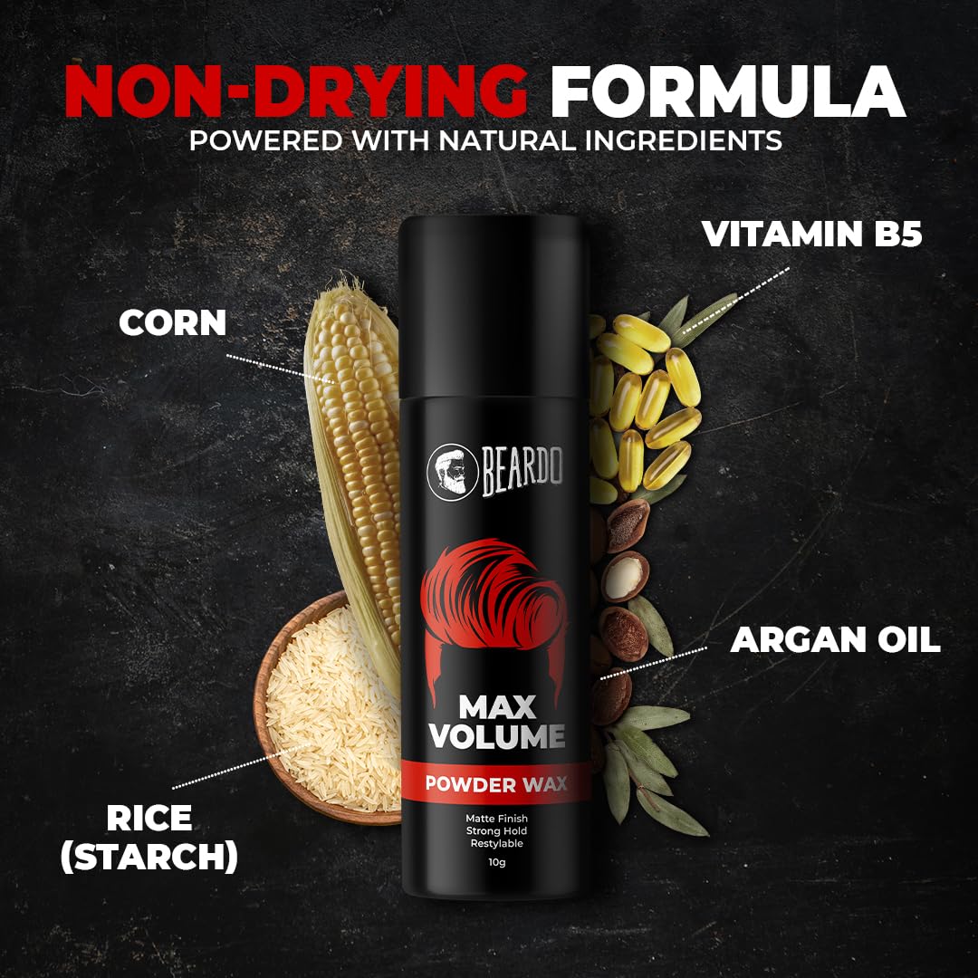 Beardo Max Volume Powder Wax 10 gm | Matte Finish | Strong Hold | Restylable | Hair Styling Wax | Hair Wax Powder For Men