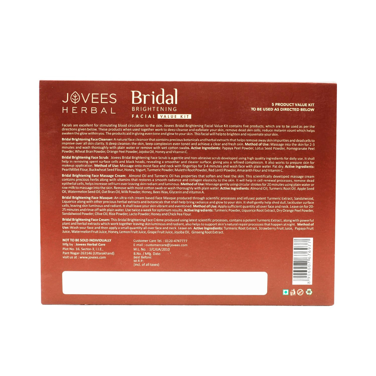 Jovees Herbal Bridal Brightening Facial Kit For Brighter & Radiant Glow With 5 Easy Steps | Kit for Reduced Pigmentation Improves Uneven Skin Tone, Dark Spots & Dullness- Multiple Use