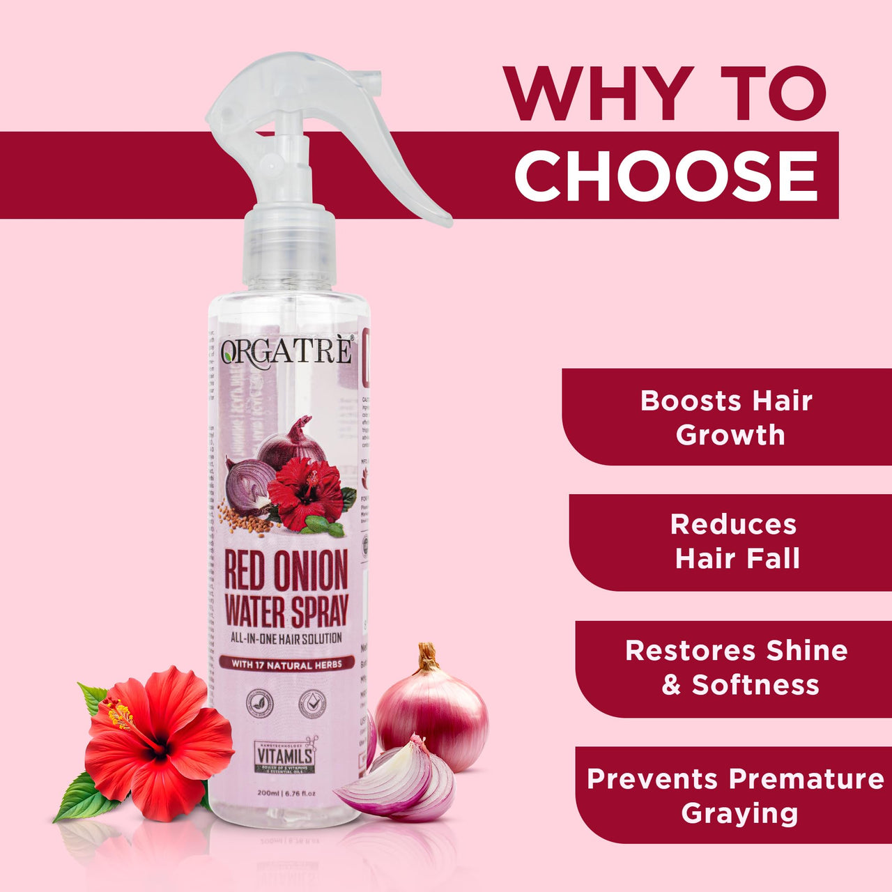 Orgatre Red Onion Water Spray for Hair Growth | 100% Natural Red Onion Extract with 17 Herbs | Hair Growth & Volume Booster | No Sticky Residue | 200ml