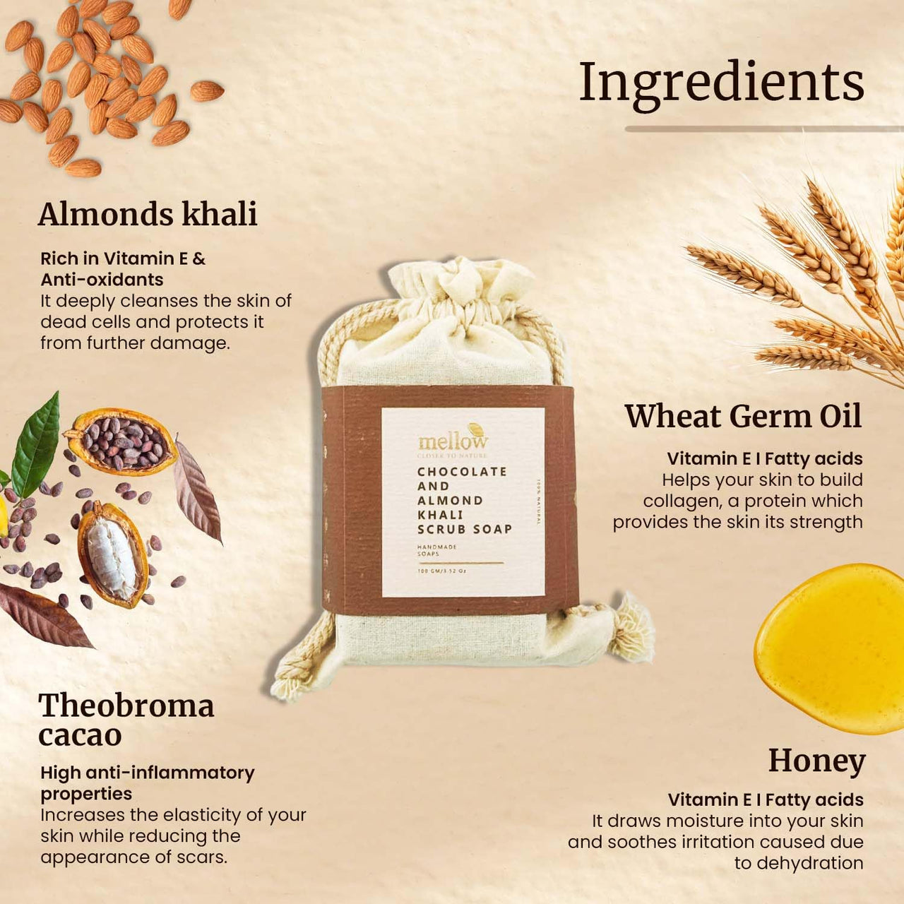 Mellow Chocolate & Almond Khali Body Scrub Soap | 100% Handmade Herbal Body Soap | Helps to Remove dirt and grime Cleanses and Moisturize Skin | No Paraben & Chemical Free - 100gm