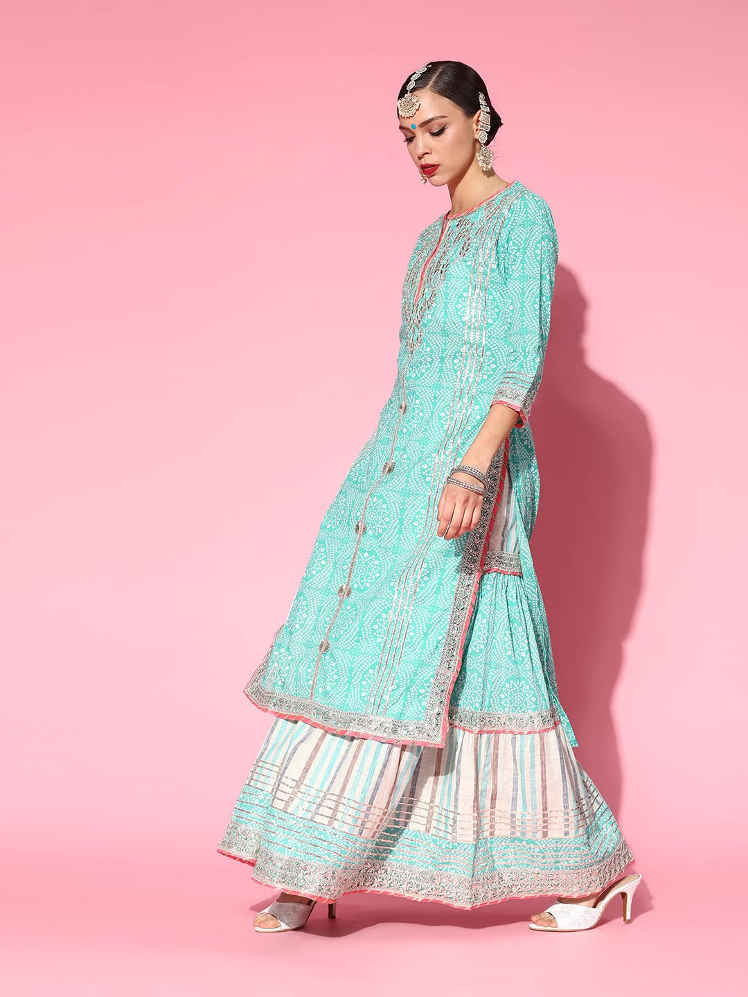 ishin Women's  Pure Cotton Green Embroidered A-Line Kurta Suit Set with Dupatta & Sharara