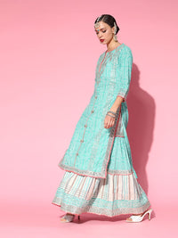 ishin Women's  Pure Cotton Green Embroidered A-Line Kurta Suit Set with Dupatta & Sharara