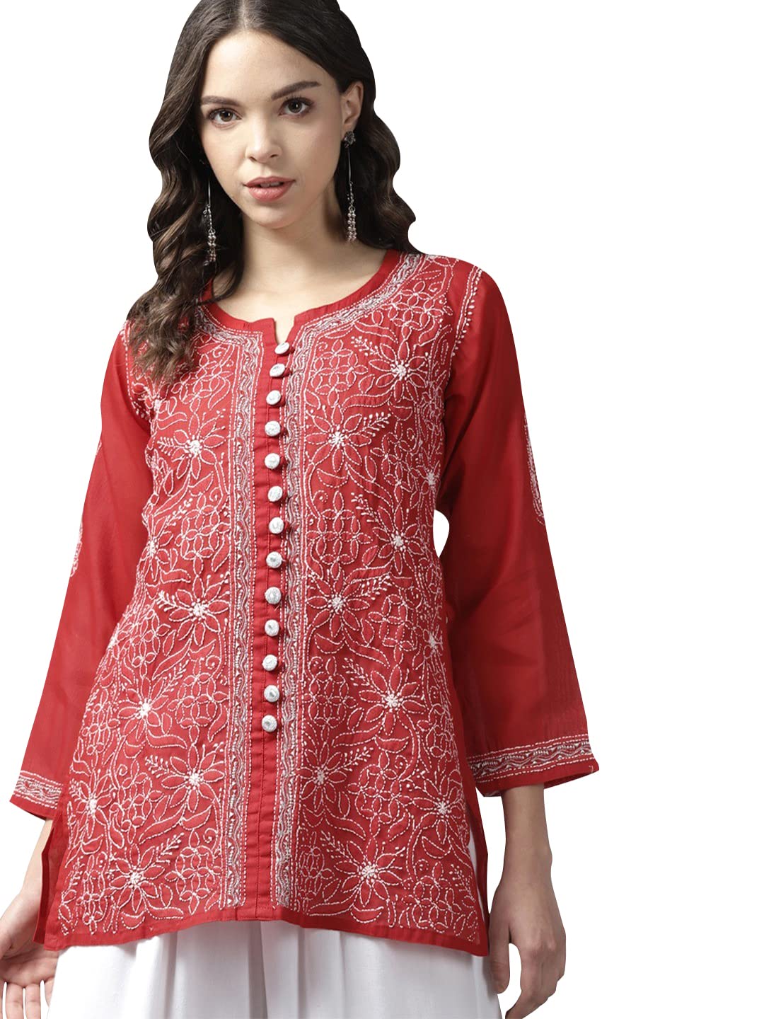 Ada Women's  Hand Embroidered Lucknowi Chikankari Cotton Straight Short Top Kurti A178625