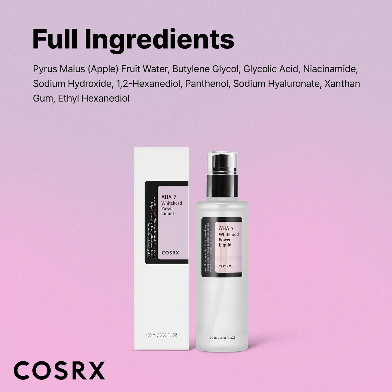 COSRX AHA 7 Whitehead Power Liquid, 3.38 fl.oz / 100ml, Whitehead Remover, Glycolic Acid 7%, AHA Exfoliant, Pore Minimizer, Korean Skin Care, Animal Testing Free, Paraben Free