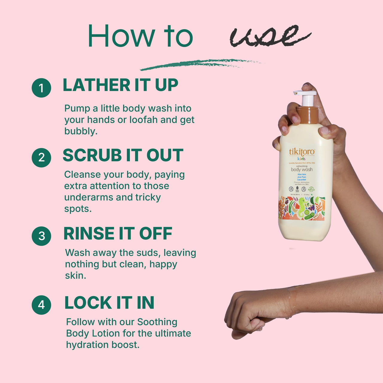 Tikitoro Kids Refreshing Body Wash | Pediatrician Approved | Deeply Cleanses, Hydrates & Refreshes Skin | Cucumber, Java Plum, Vitamin C & Aloe Vera | No Parabens & Sulphates, Age 4+ years (300ml)