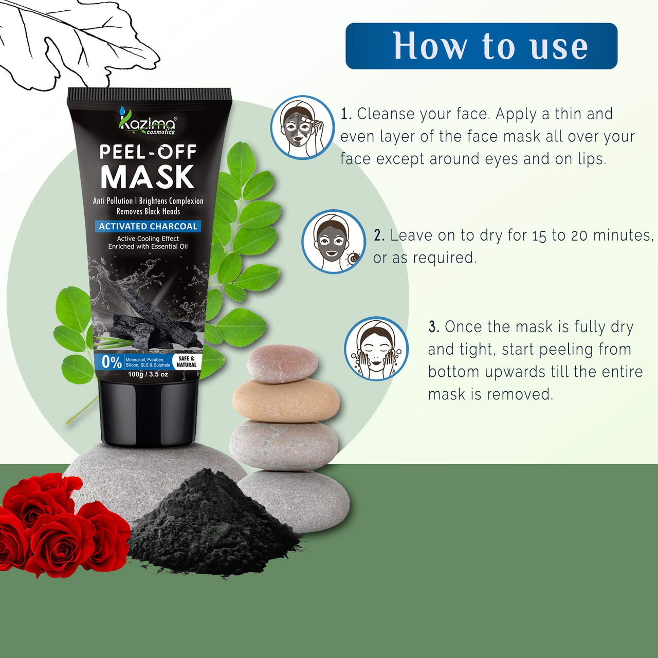 KAZIMA Activated Charcoal Peel Off Mask - Deep Cleansing | Blackheads Removal | Dead Skin Removal | Fights Pollution, 100 g