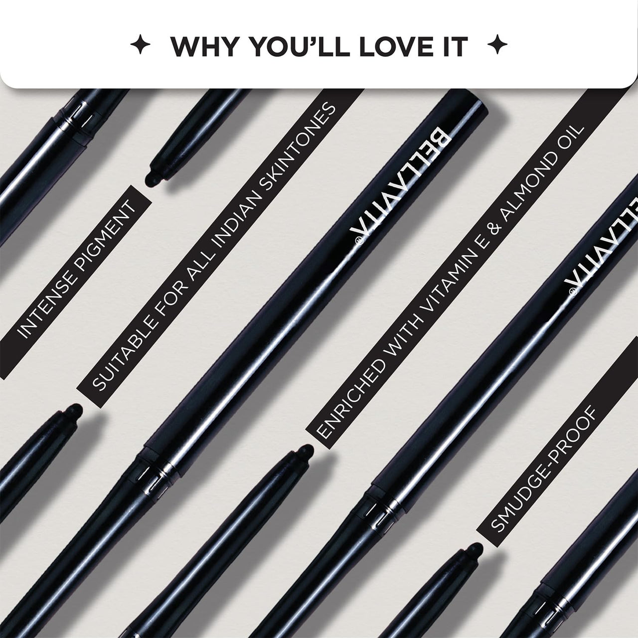 BELLAVITA Intense Drama Kajal, Black, Intense Pigment, Smudge-Proof, Long Lasting, Enriched with Vitamin E & Almond Oil, Glossy, 0.3 g