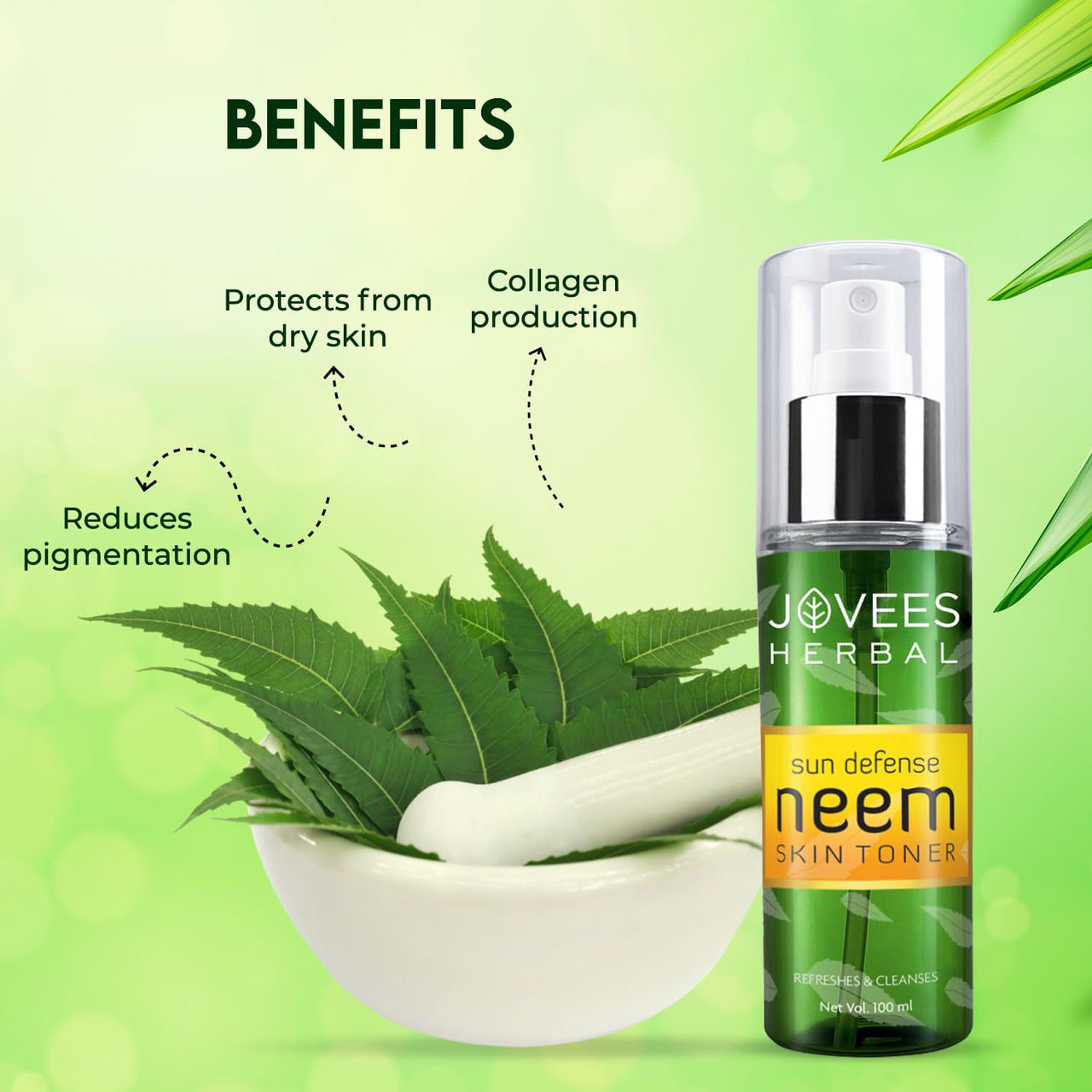 Jovees Herbal Neem Skin Toner | Sun Protection, Tightens Pores, Glowing Skin | Paraben and Alcohol Free | For All Skin Types | 100ML New