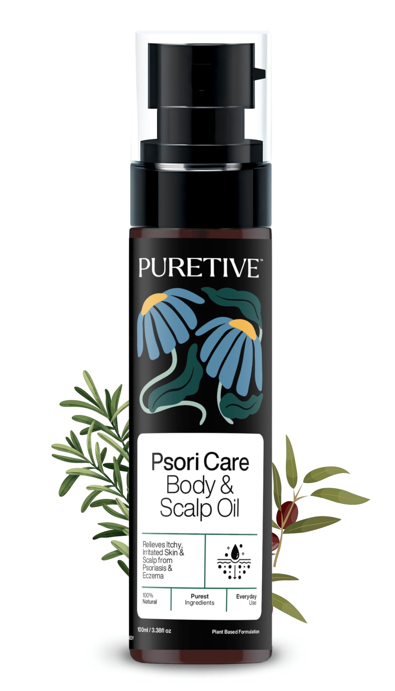 Puretive Psori Care Body & Scalp Oil | Relieves Itching & Redness | Fast-Absorbing | Non-Greasy| Helps Calm Eczema, Psoriasis, Dermatitis, Very Dry Skin, Ringworm, Fungal Infections, RashesI 100% Pure & Natural | 100ml