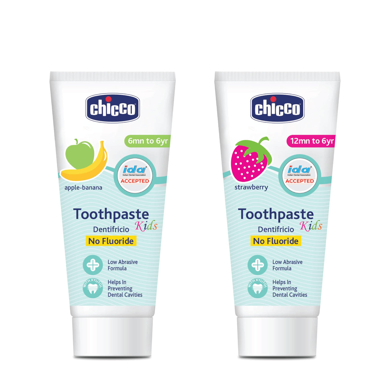 Chicco Toothpaste Apple-Banana (50ml) and Strawberry (50ml) Combo (100ml total)