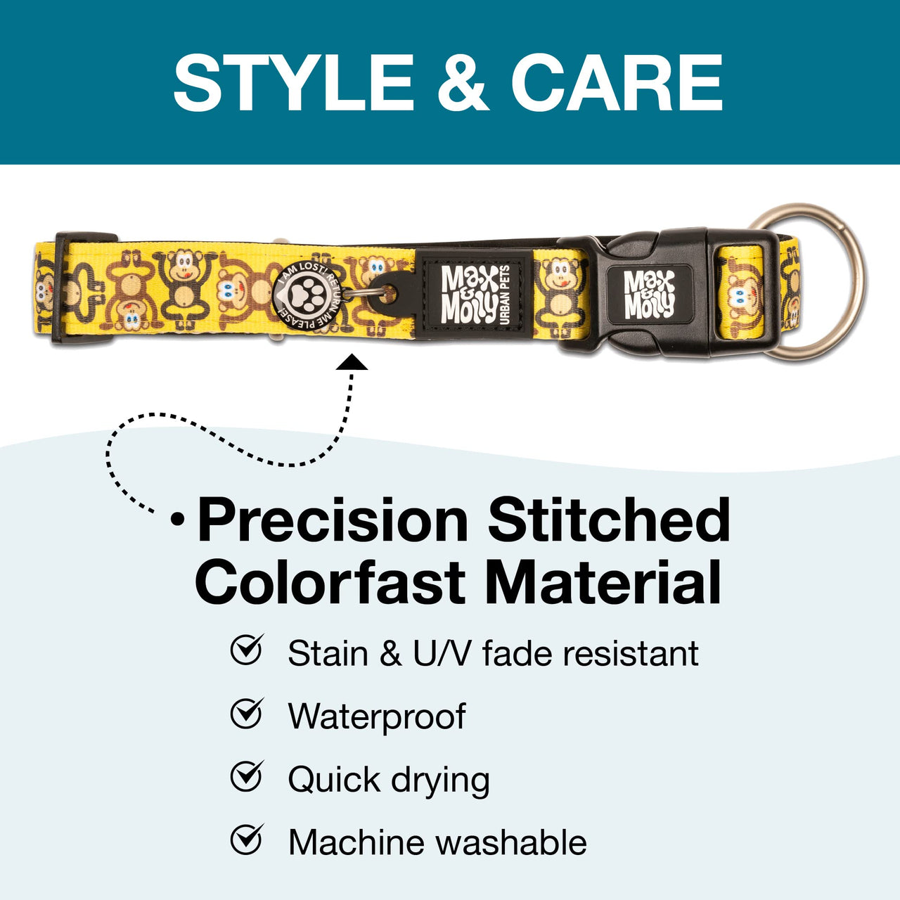 Max & Molly Soft Padded Neoprene Dog Collar w/Smart ID Gotcha! QR Pet Safety Tag, Durable, Waterproof, Anti-Stink, Machine Washable Collar for Dogs, Monkeys Pattern, L