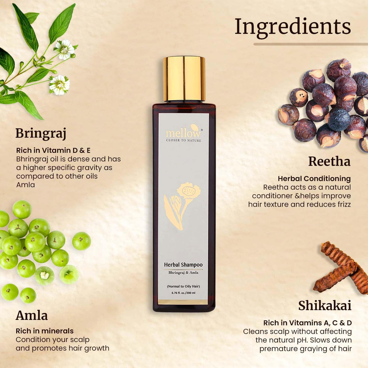 Mellow Herbal Bhringraj Shampoo For Normal To Oily Hair (200 ml) | Amla, Reetha, Shikakai & Bhringraj | Helps to balance scalp PH, Anti dandruff | Ayush Certified | 100% chemical-free