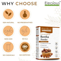 Elecious Pure Reetha Powder for Hair (200 Grams) | Ideal for Hair, Face and Skin | Soapnut powder | 100% Pure and Natural, No Chemcial, No Preservative.
