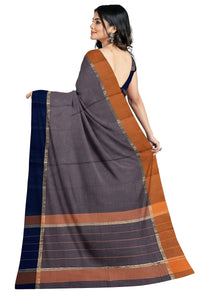 SENSAN Women’s Handloom Kanchi Cotton Saree with Blouse Piece [SKU:430] Light Beige×Navy Blue