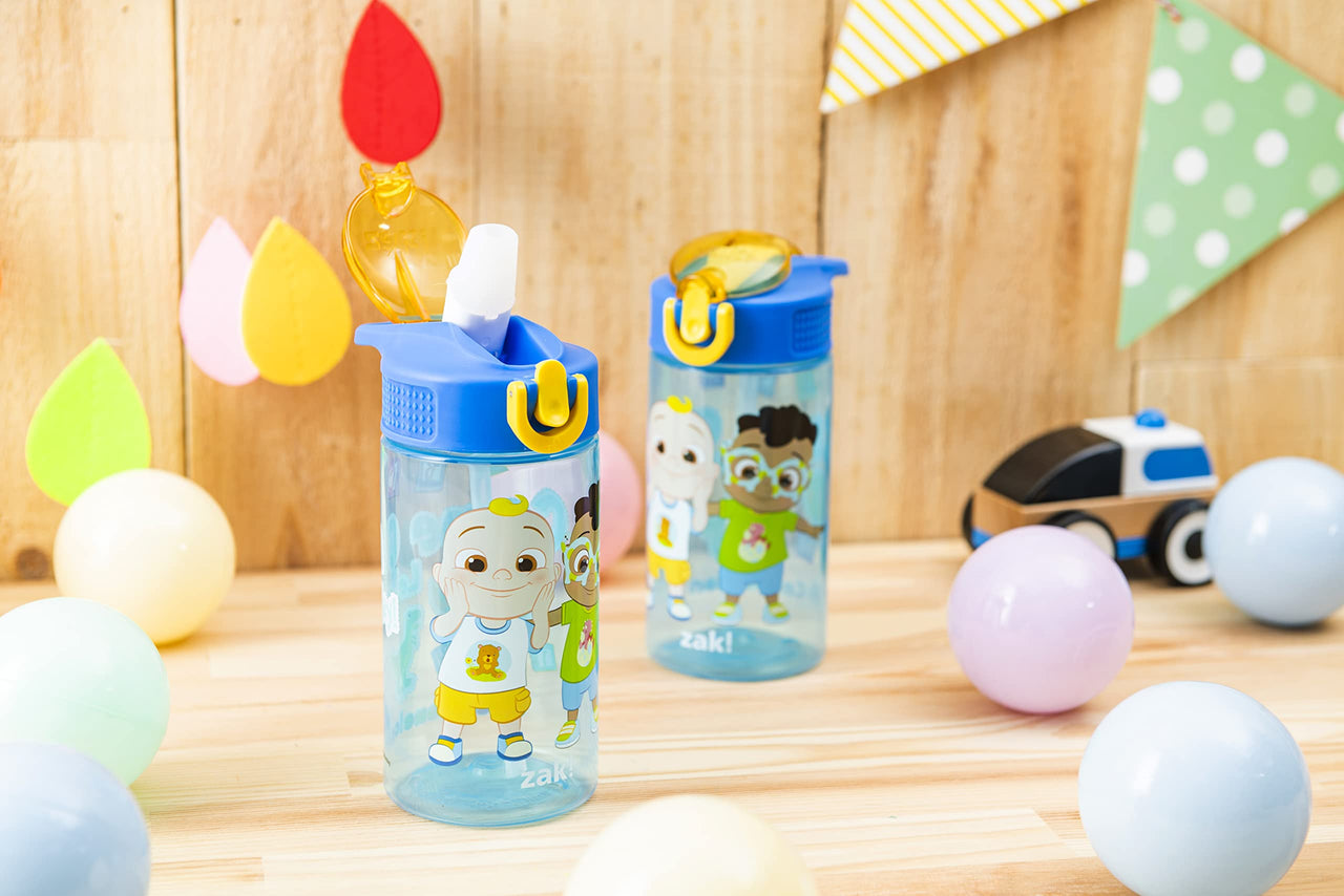 Zak Designs CoComelon Kids Water Bottle with Spout Cover and Built-In Carrying Loop, Made of Durable Plastic, Leak-Proof Water Bottle Design for Travel (16 oz, Pack of 2) 2 Count (Pack of 1) CoComelon 2pk