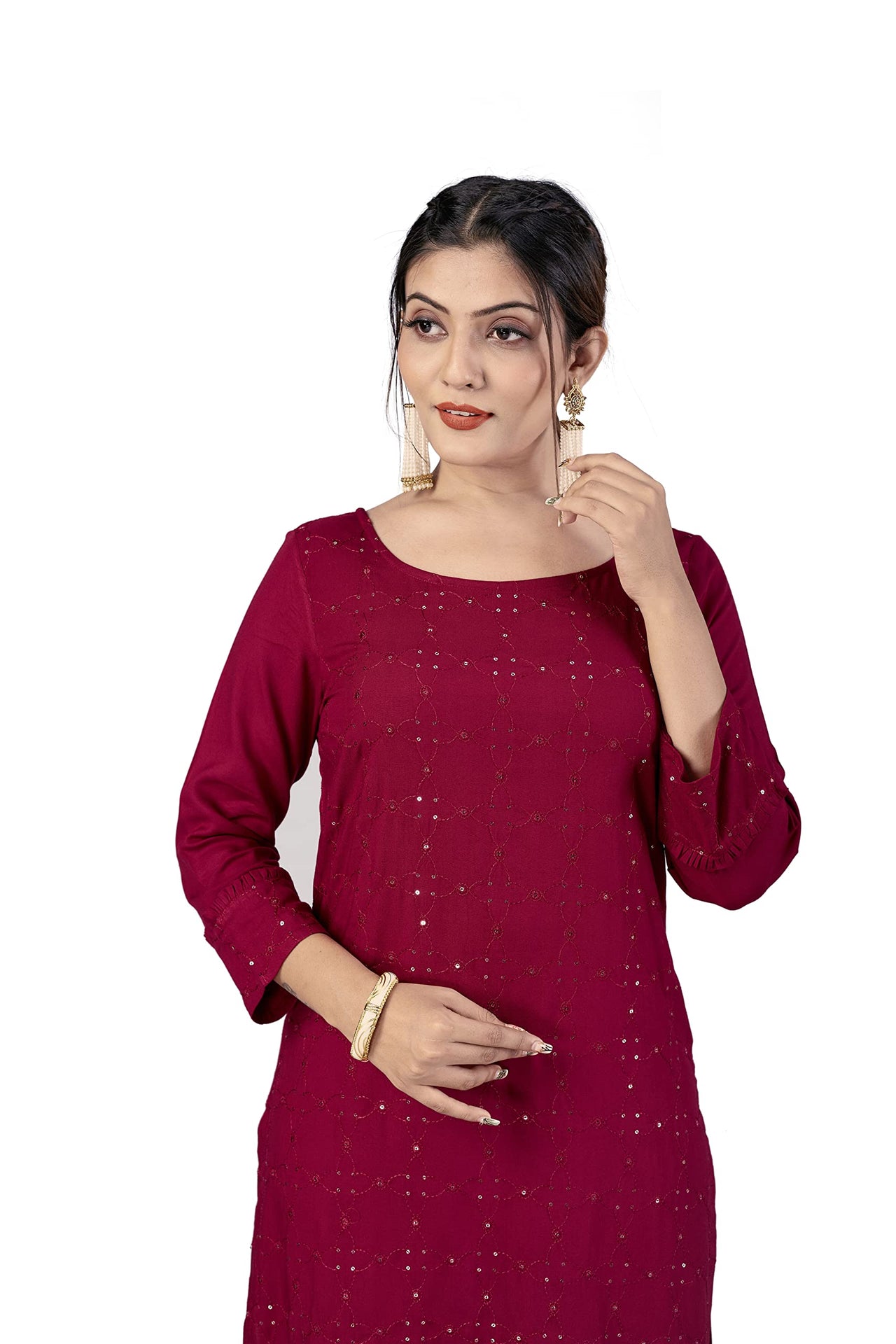 Fashion Dream Women Viscose Rayon Sequence Embroidered Straight Kurti
