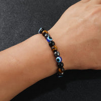 Quadruple protection bracelets for men and women（evil eye, tigers eye,hematite, obsidian）A handmade beaded crystal healing bracelet that can bring luck, happiness and protection(8mm elastic) 8mm elastic