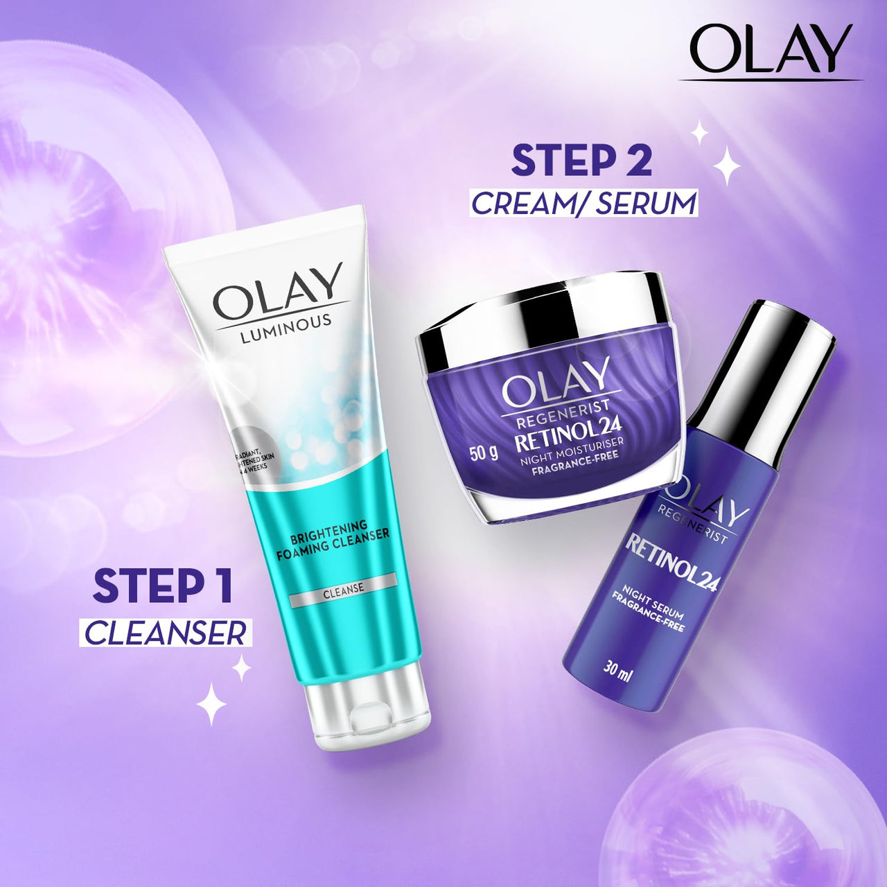 Olay Retinol Kit For Overnight Repair | Retinol Serum With Free Cleanser | Plumper, Younger Looking Skin | 24H Hydration | Fragrance Free | Normal, Oily,Dry,Combination Skin |Pack Of 2