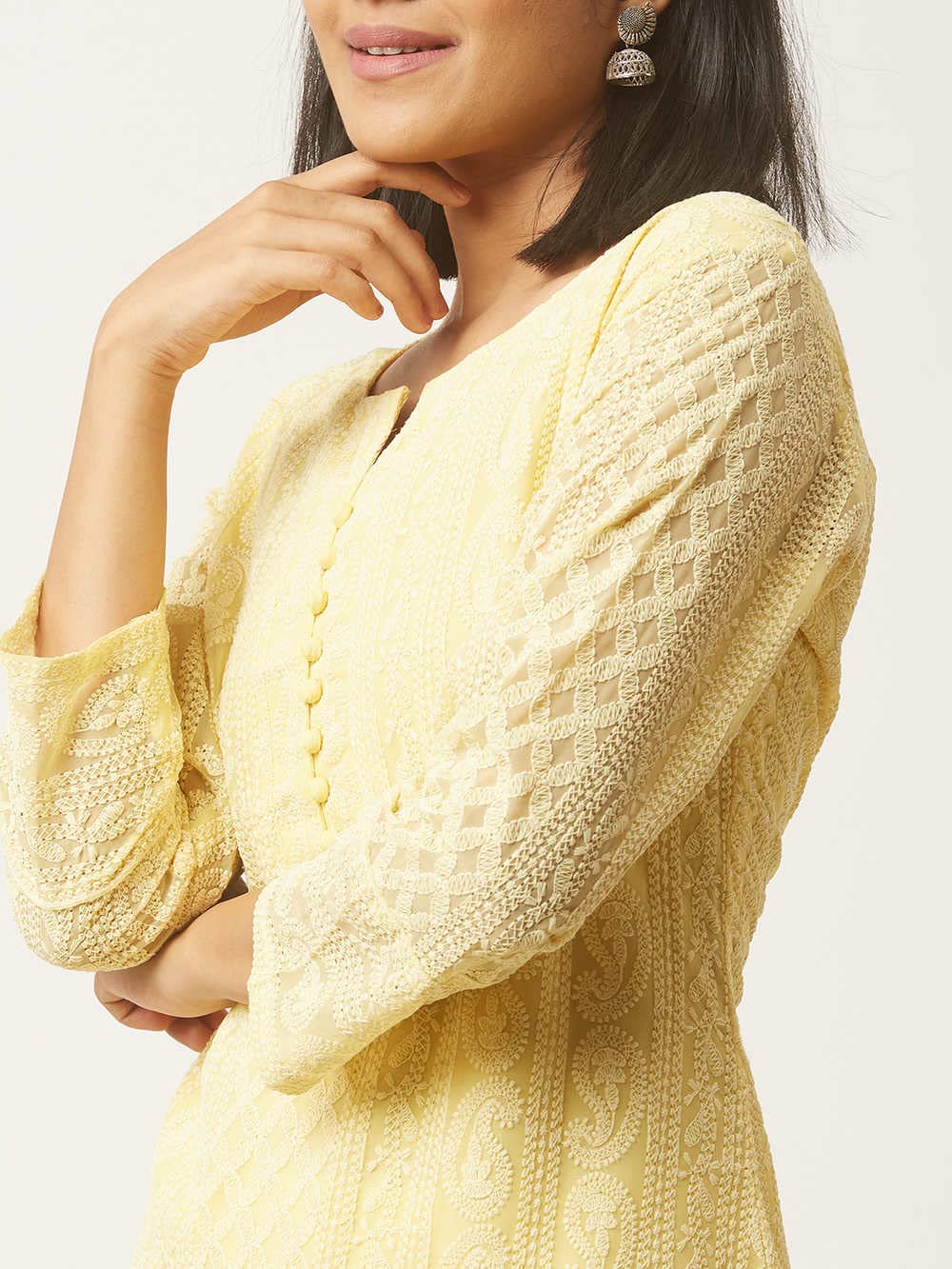 ZOLA Exclusive Georgette Round Neck with Full Sleeves and Calf Length Luckhnowi Chikan Kari Kurta with Button Placket on Yolk Ethnic Wear Straight Kurta for Women Pack of 1