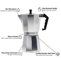 Primula Classic Stovetop Espresso and Coffee Maker, Moka Pot for Italian and Cuban Caf Brewing, Greca Coffee Maker, Cafeteras, 9 Espresso Cups, Silver