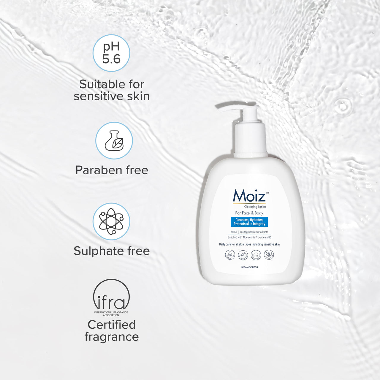 Moiz Cleansing Lotion | Face & Body Cleanser | For Sensitive Skin | With Aloe Vera & Pro-Vitamin B5 | pH 5.6 | Soap, Paraben & Sulphate Free - 200ml