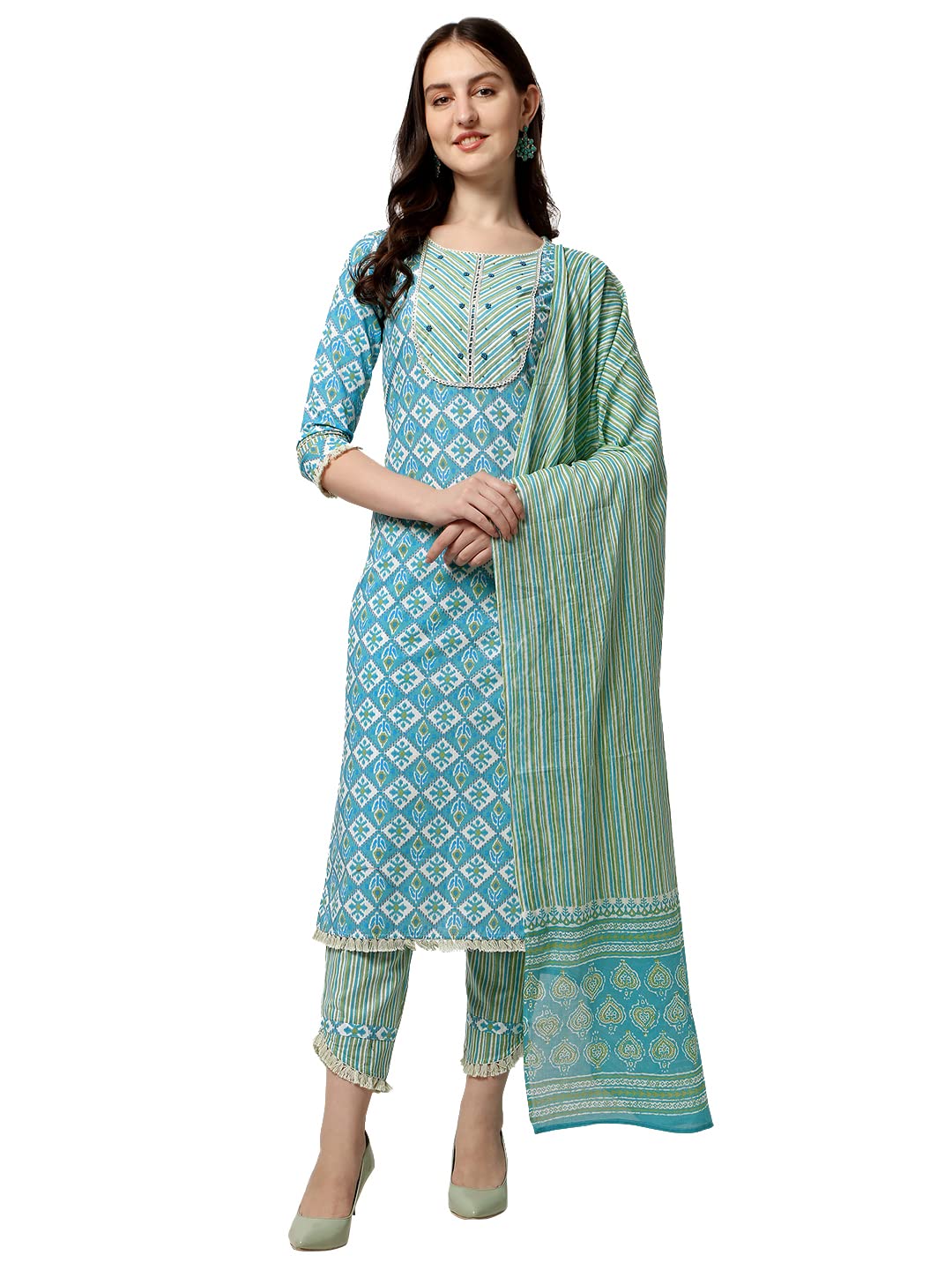 SOURBH Women's  Straight Fit Cotton Floral Printed and Embellished Kurta Set with Trouser Pant and Dupatta