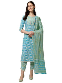 SOURBH Women's  Straight Fit Cotton Floral Printed and Embellished Kurta Set with Trouser Pant and Dupatta