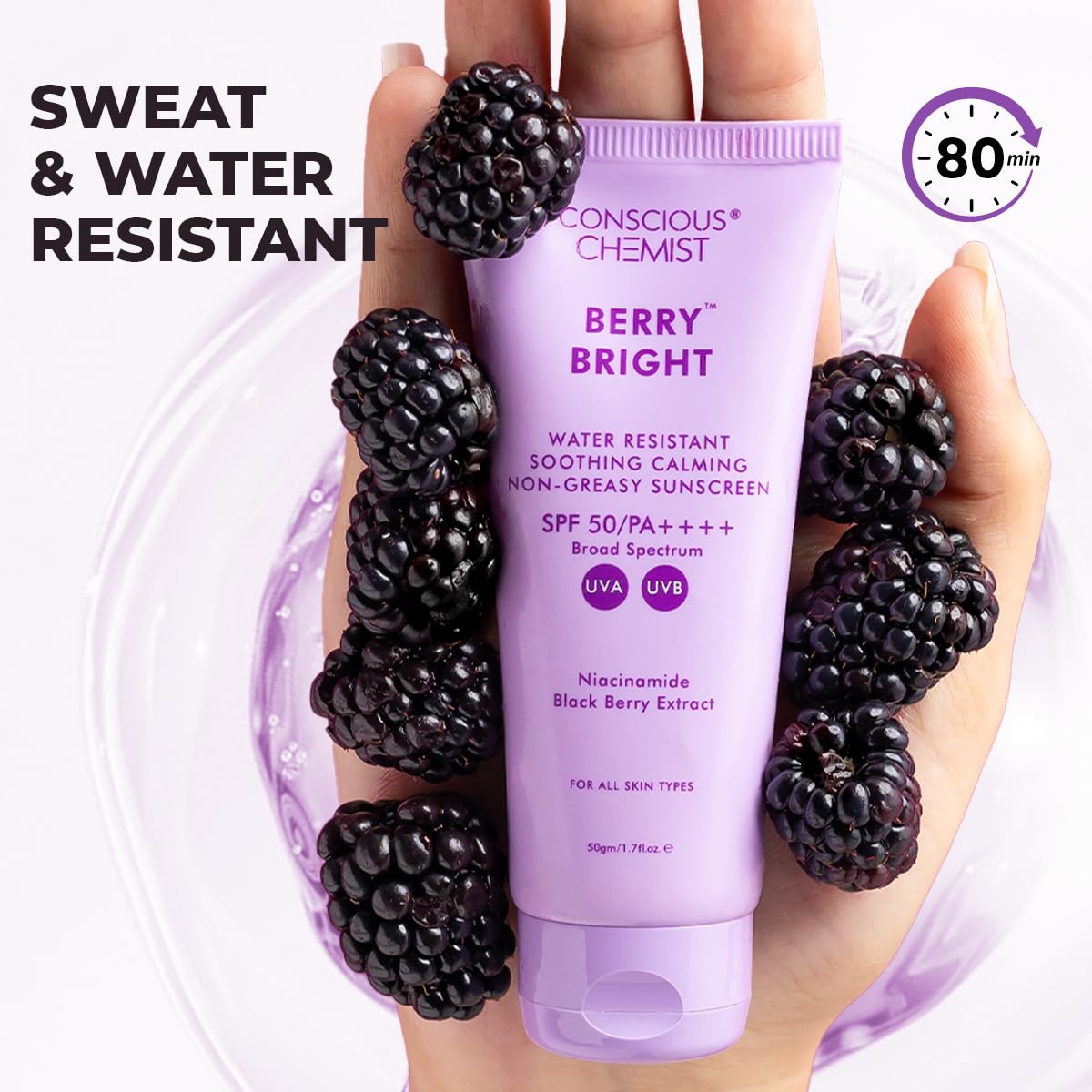 Conscious Chemist® Sunscreen SPF 50 PA++++ | 100g | Sunscreen for Oily Skin, Gel Sunscreen, Niacinamide with Black Berry Extract, Lightweight, Water Resistant, All Skin Types - Berry Bright