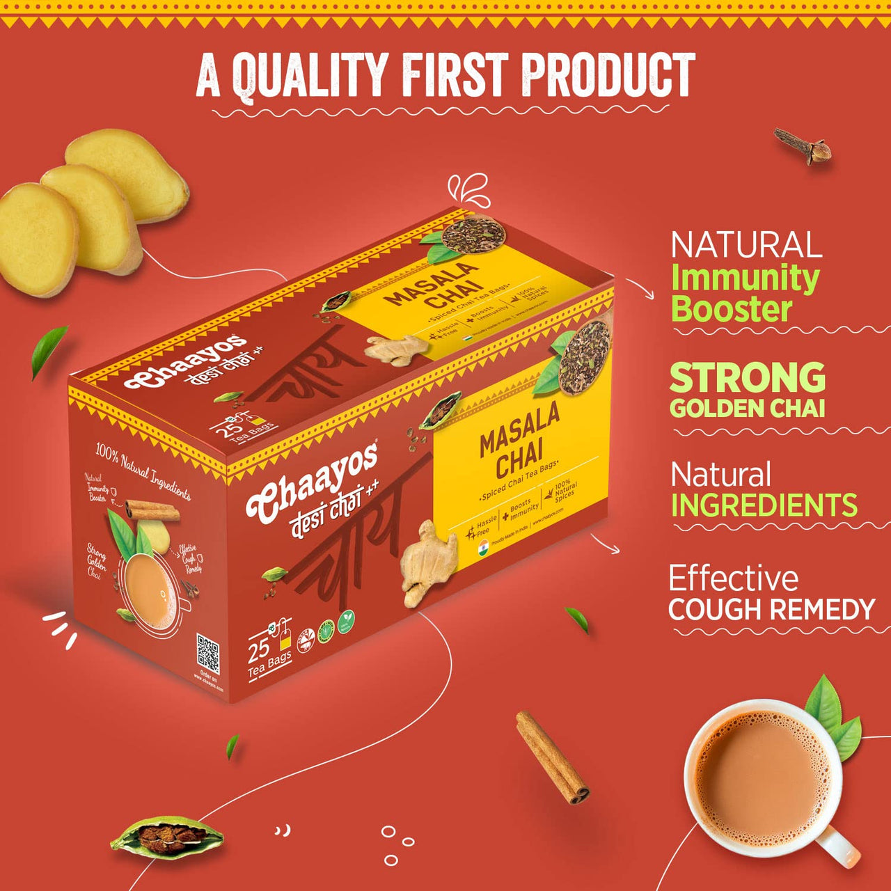 Chaayos Masala Chai Tea Bags - Premium Assam Tea with 100% Natural Ingredients Spices - [25 Tea Bags]