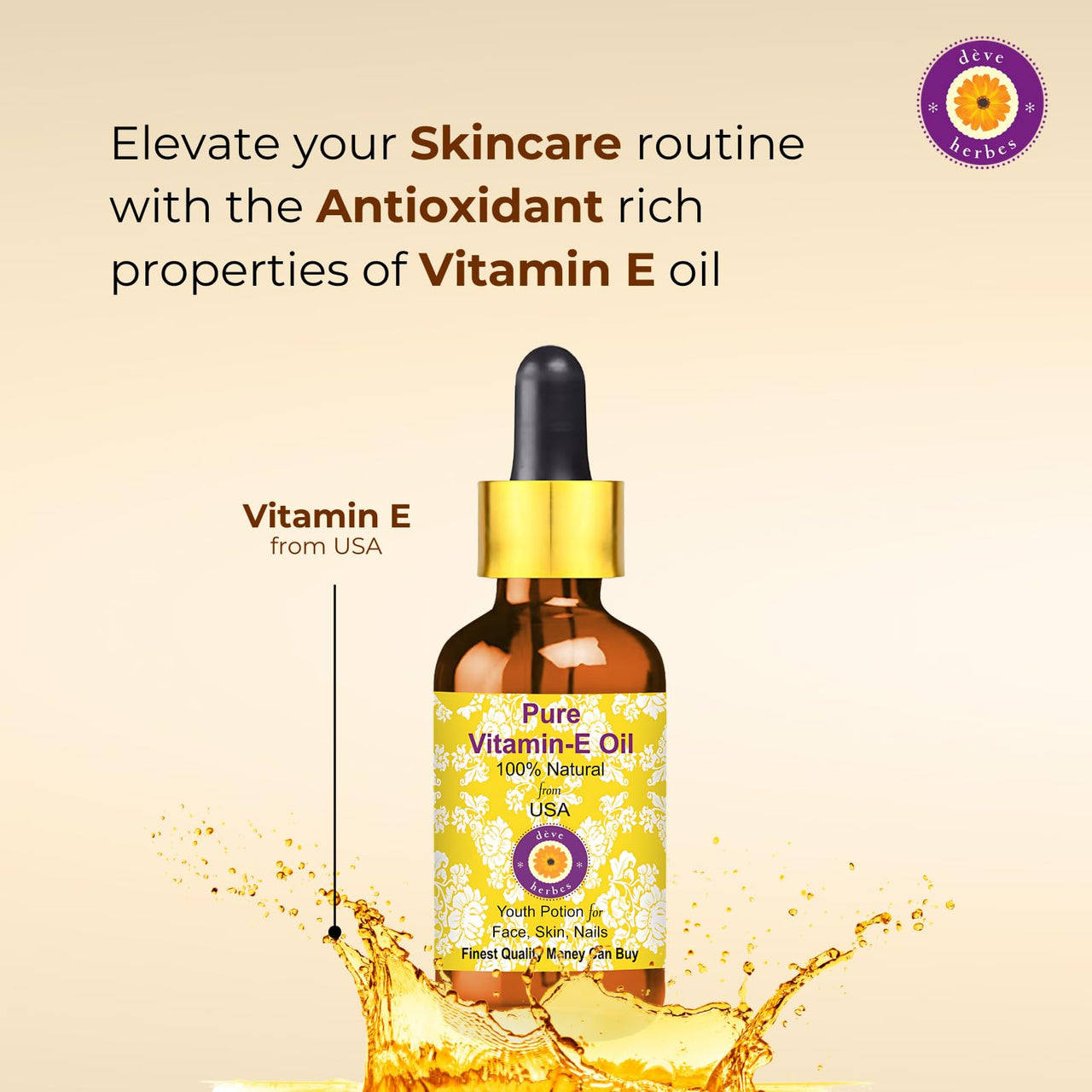 Deve Herbes Vitamin E Oil with Glass Dropper for Healthy Skin, Hair & Nails | Pure | Non-Sticky | Non-greasy | Lightweight | All Skin Types | Men and Women 100ml