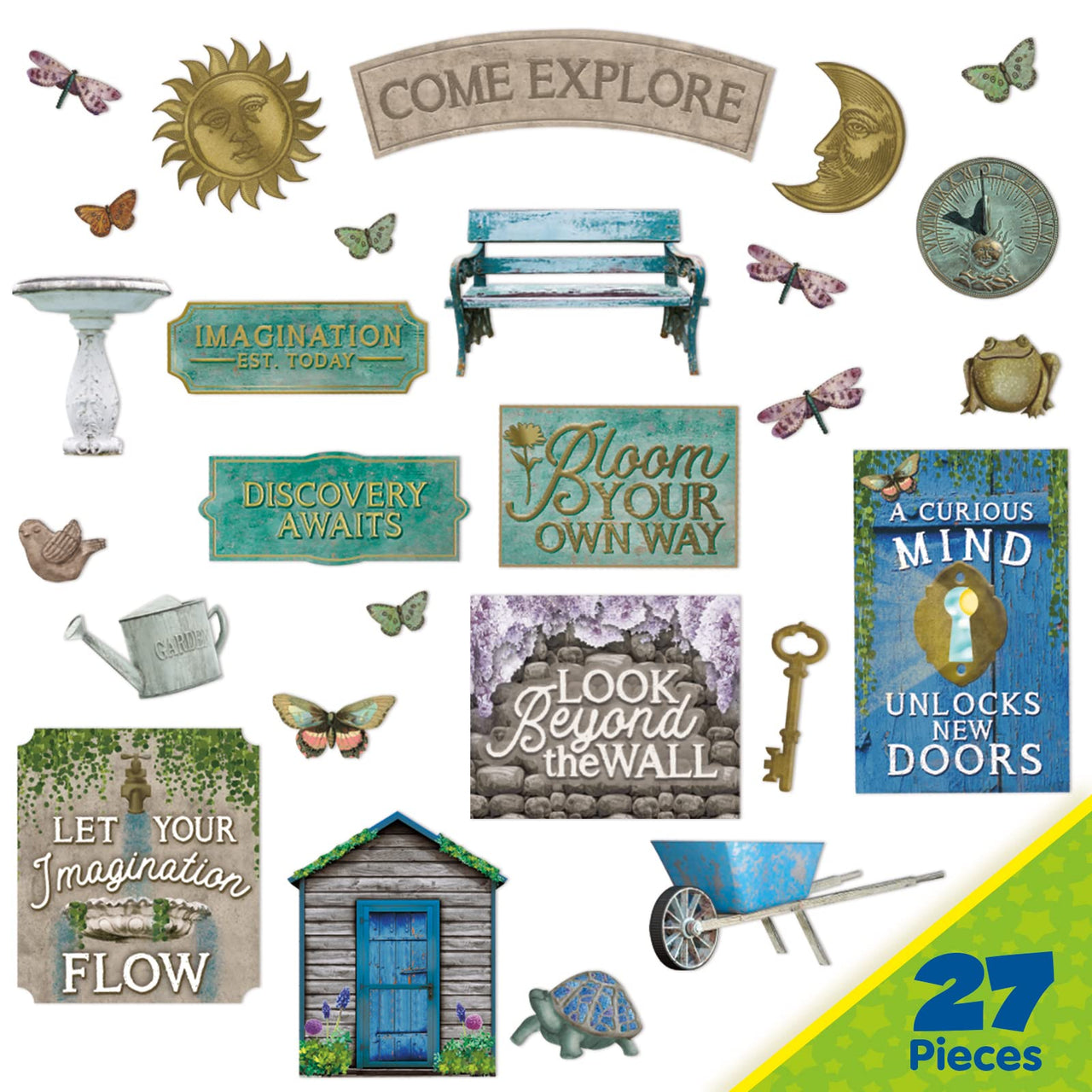 Eureka Curiosity Garden Gallery Wall Motivational Classroom Bulletin Board Set for Teachers, 26 Pieces