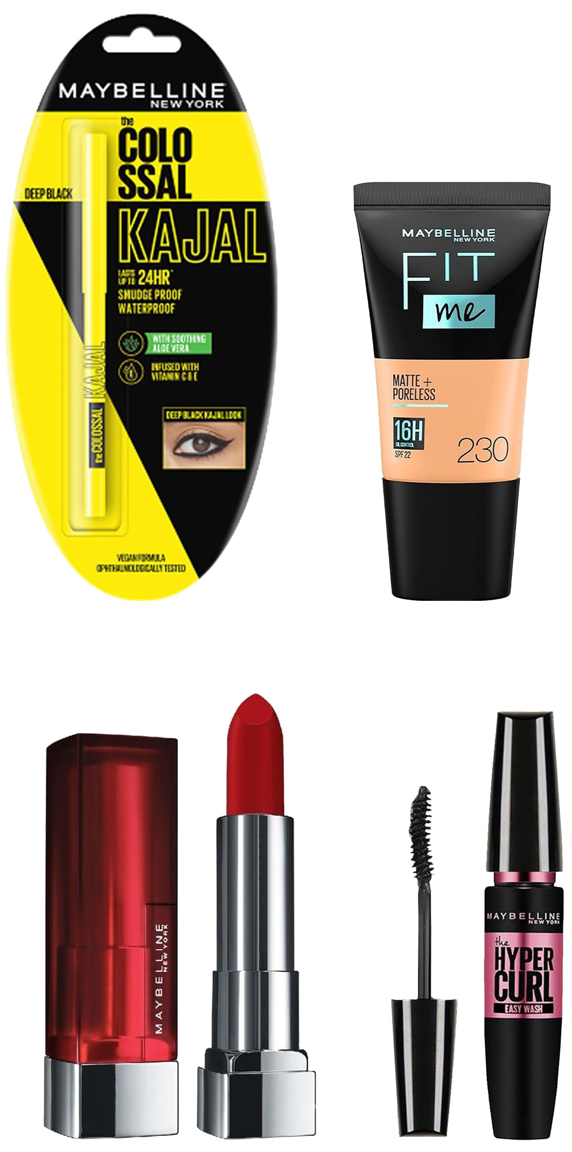 Maybelline New York Date Night Makeup Kit - Fit Me Foundation Tube Natural Buff + Hypercurl Mascara Washable + Colossal Kajal + Creamy Matte Siren In Scarlet, 1 Count