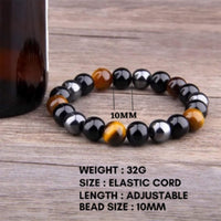 Crystal Vibe Triple Protection Bracelet - 10mm Bead Bracelet for women men With Natural Stones of Tiger Eye Hematite and Black Obsidian - Healing Crystal Bracelet for Good Luck Prosperity Happiness