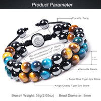 DHQH Triple Protection Bracelet Natural Black Obsidian Tigers Eye Hematite 8-10mm Beads Handmade Bracelet- Healing Crystal Bracelet Bring Luck Prosperity and Happiness A-Blue Triple Bracelet