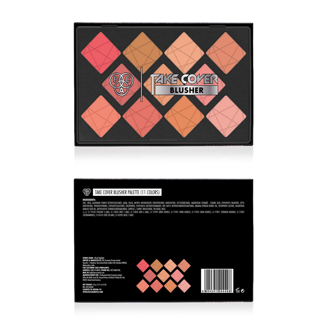 PAC Take Cover Blusher X11 | Long Lasting, Matte HD Finish Face Palette | 11 Lightweight Natural Shades with Highlighter, Shimmer Blush & Bronzer | Highly Pigmented & Blendable for All Skin Type - 6g