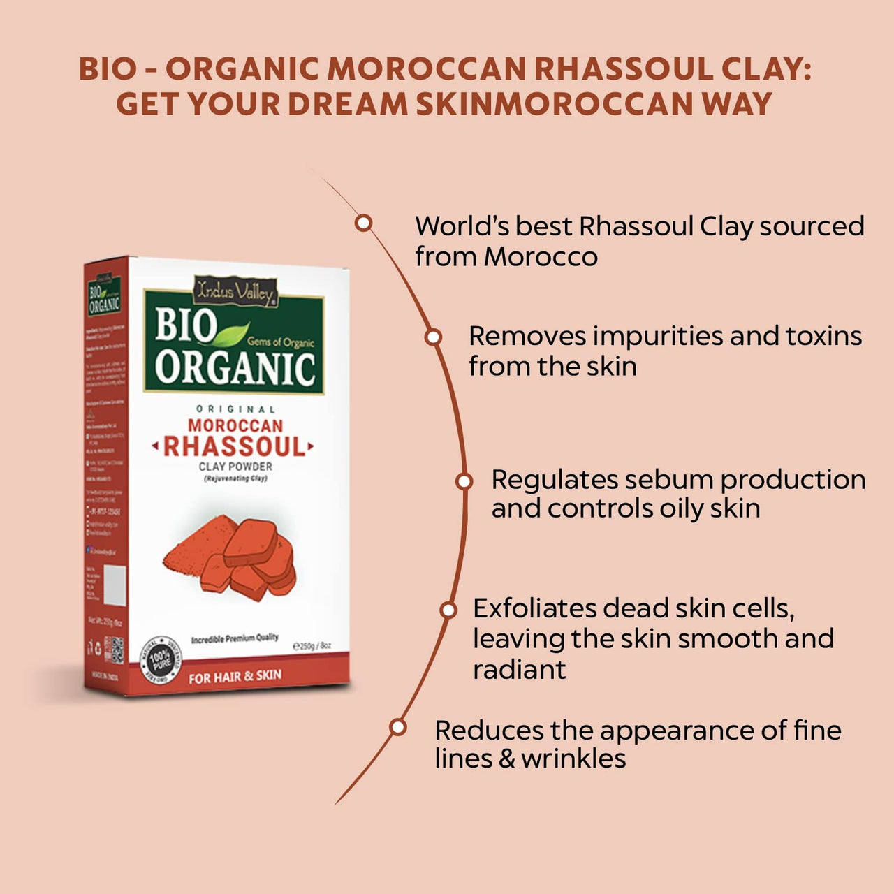 INDUS VALLEY Bio Organic 100% Natural Moroccan Rhassoul Clay Powder For Acne, Blemishes, Pores, Black Heads, Skin Whitening, Face Pack, Skin Care Mask & Hair Care - 250g